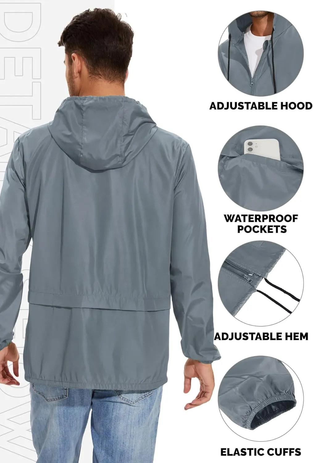 Zando Packable Mens Rain Jacket Lightweight Raincoat Waterproof with Hood Outdoor Windbreaker Jacket Travel Rain Jackets