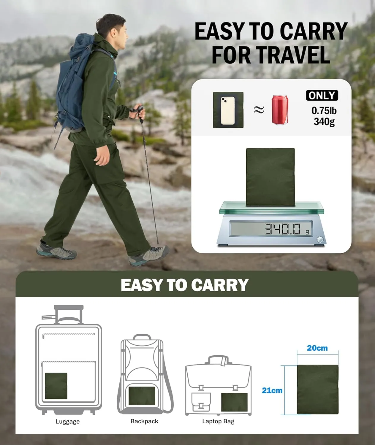 ZITY Men's Rain Over Pants Waterproof Heavy Duty Thick Hiking Pants Golf Pants with Lightweight Packable Bag