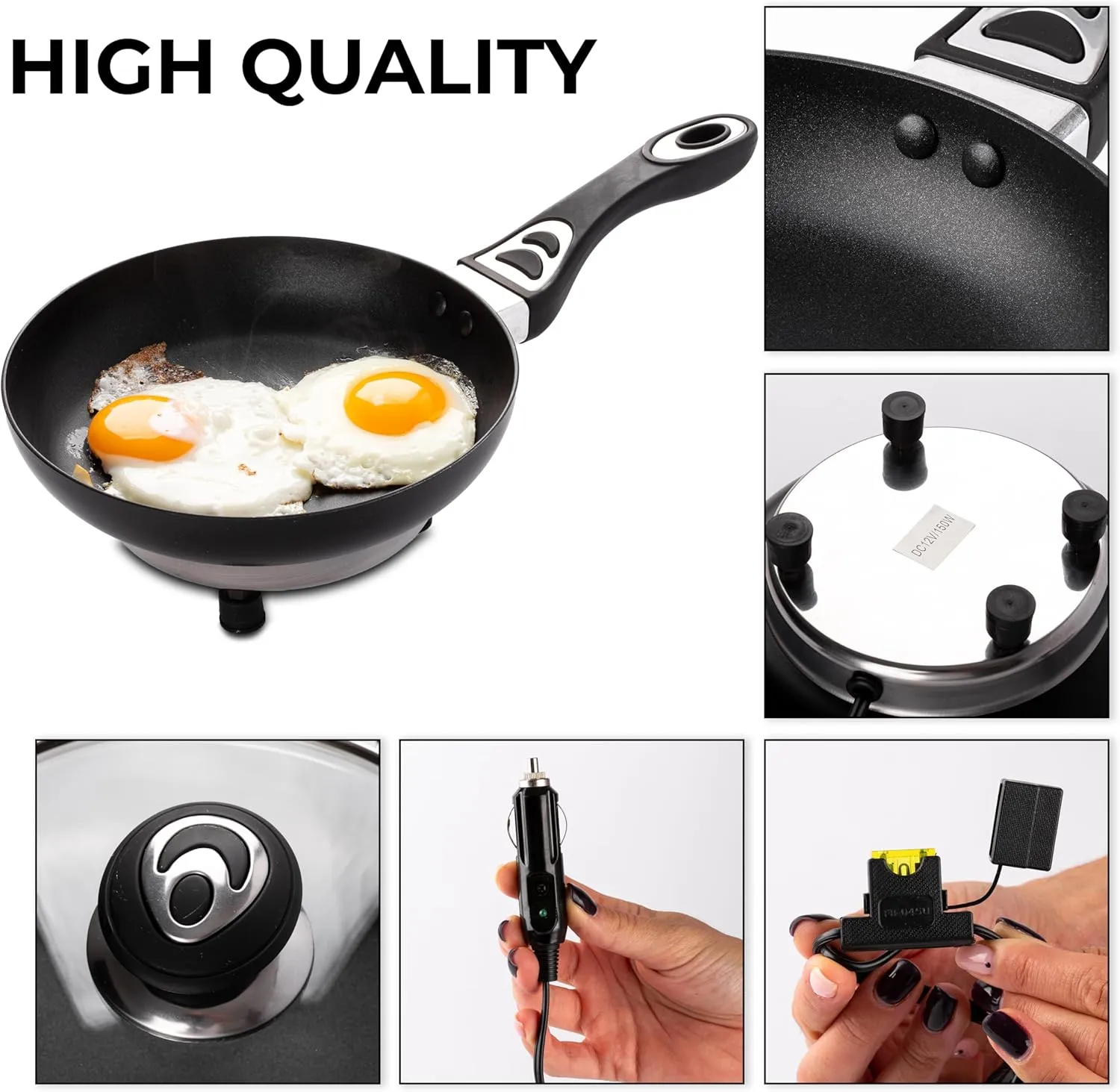 ZONETECH 12V Frying Pan with Glass Lid Portable Non-Stick 7.5-inch Stay-Cool Handles, Rapid Heat Up, Perfect For Camping, Picnic and more