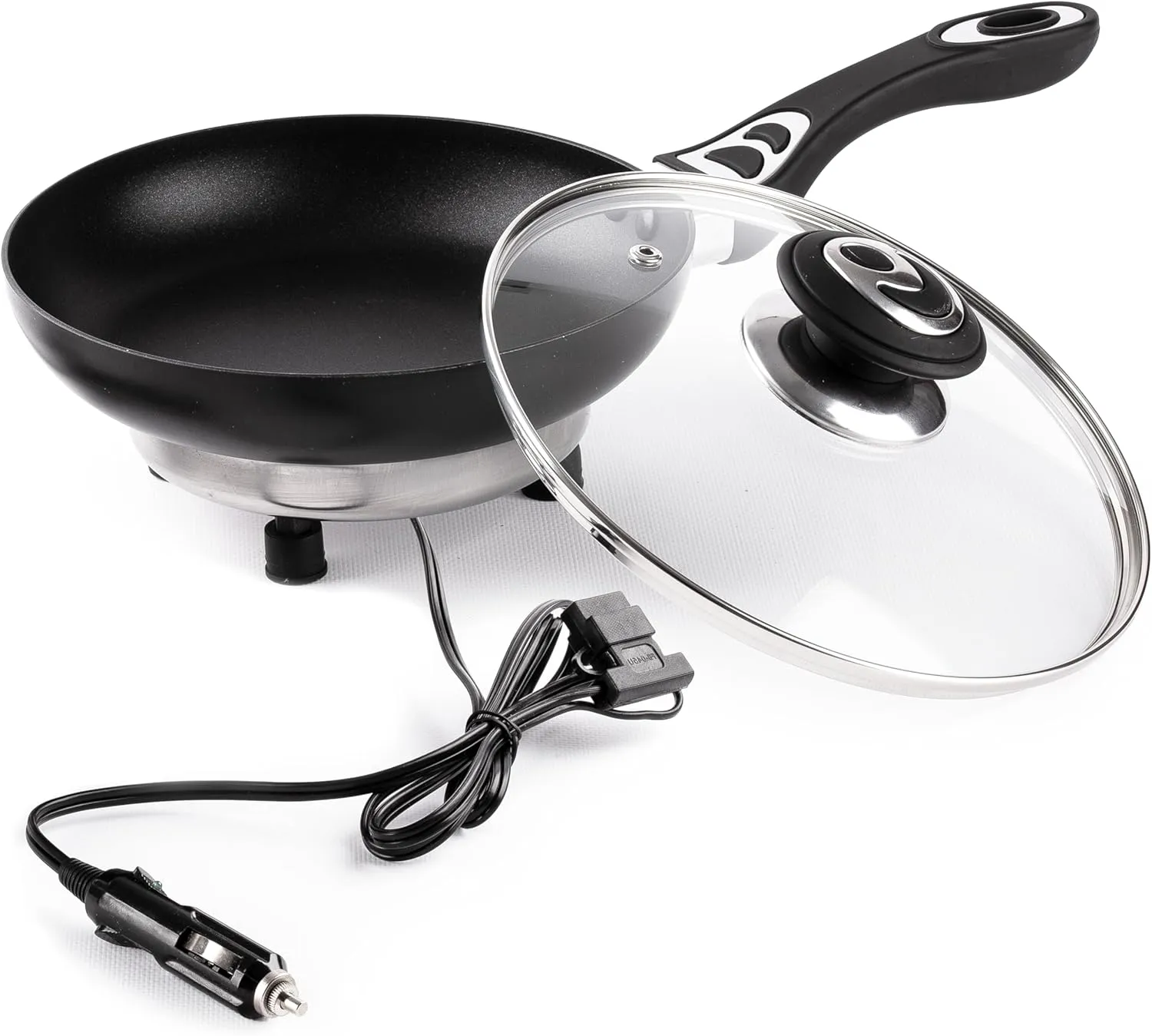 ZONETECH 12V Frying Pan with Glass Lid Portable Non-Stick 7.5-inch Stay-Cool Handles, Rapid Heat Up, Perfect For Camping, Picnic and more