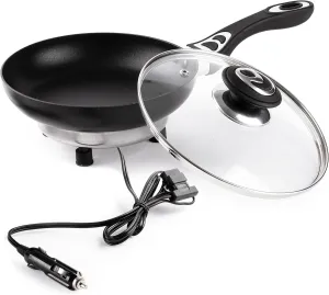 ZONETECH 12V Frying Pan with Glass Lid Portable Non-Stick 7.5-inch Stay-Cool Handles, Rapid Heat Up, Perfect For Camping, Picnic and more