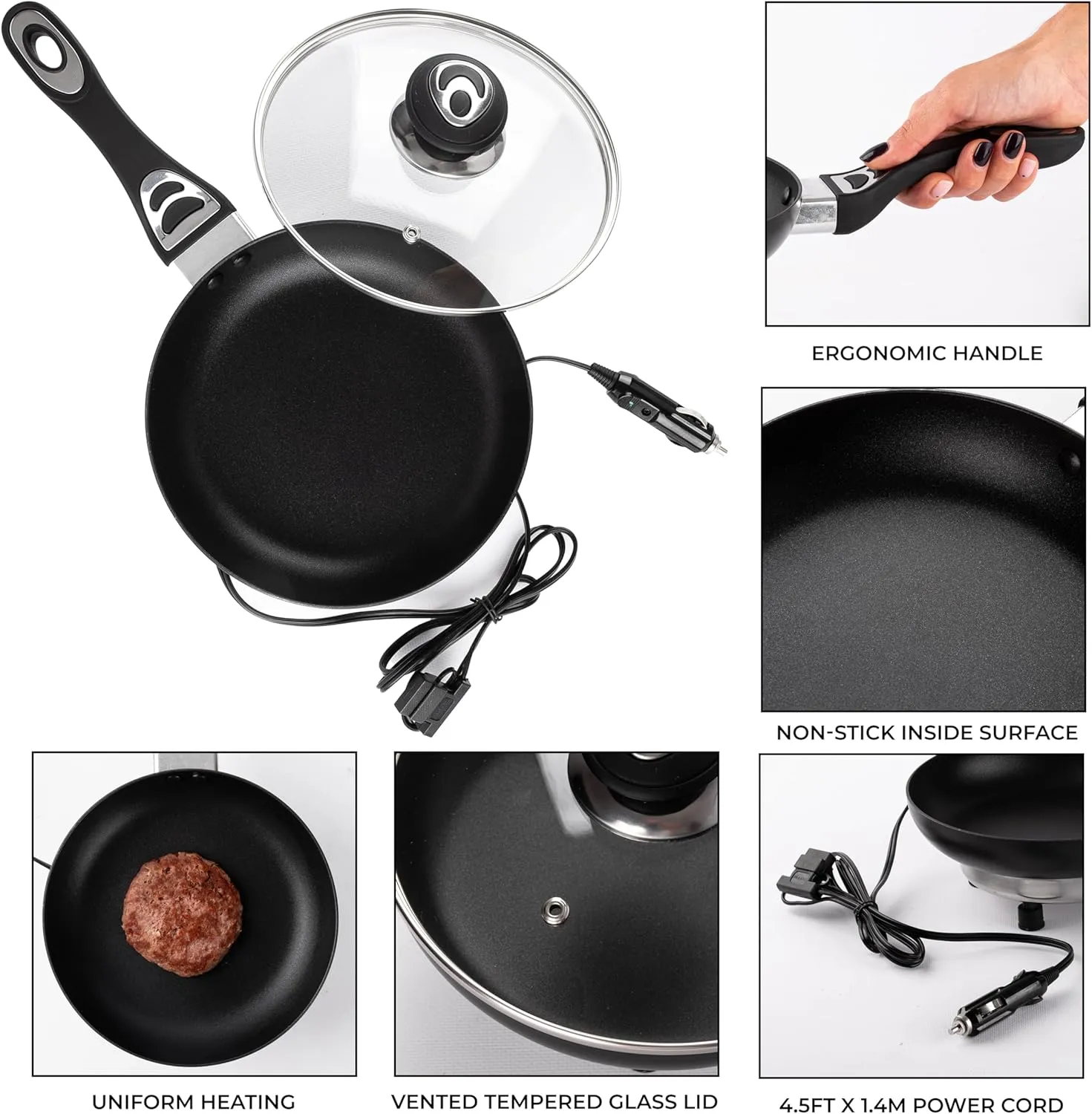 ZONETECH 12V Frying Pan with Glass Lid Portable Non-Stick 7.5-inch Stay-Cool Handles, Rapid Heat Up, Perfect For Camping, Picnic and more