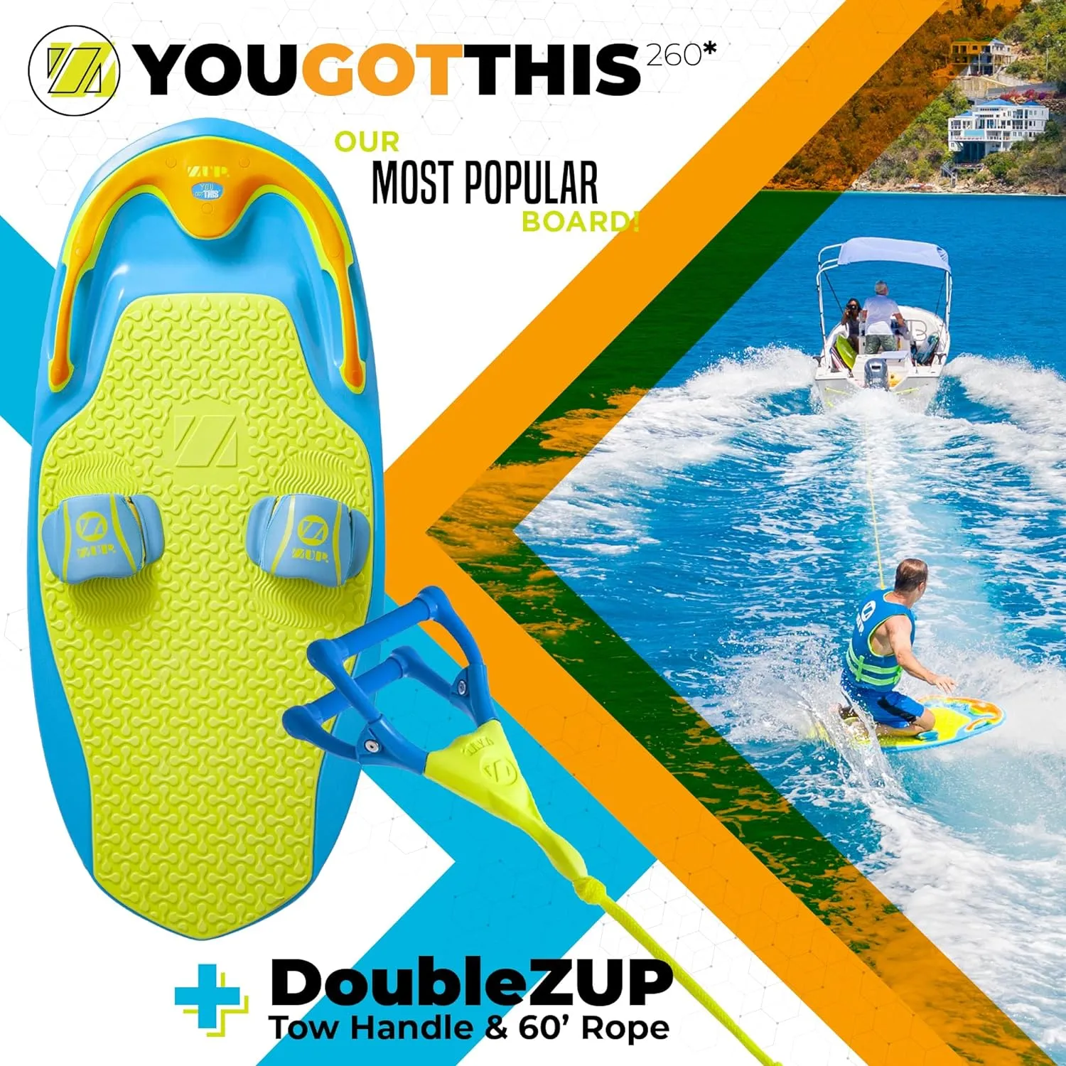 ZUP You Got This 260 Board and Handle Combo with EVA Foam Padding, All-in-One Kneeboard, Wakeboard, Wakeskate, and Wakesurf Board for Kids, Teens, and Adults, 51.7" x 23.8" x 4.6"